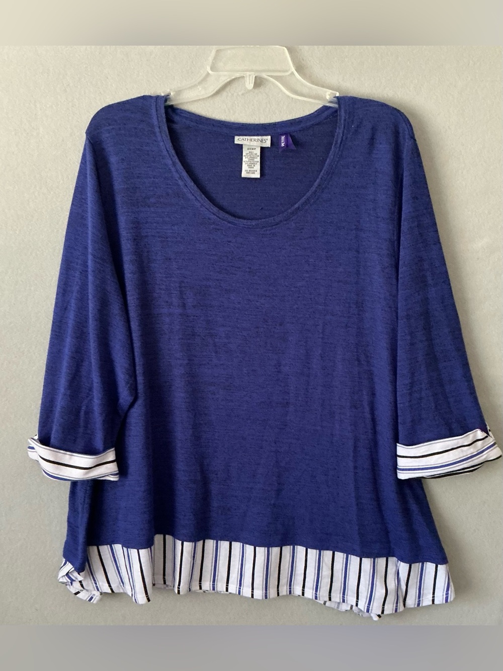 Catherines Top 2XWP Women Petite Blue Knit Blouse 3/4 Sleeve Striped Hem Layered